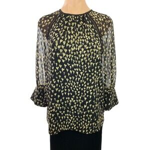 Reiss Blouse Size 4 Black w Brown Design Overlay 3/4 Sheer Sleeves Crew Neck